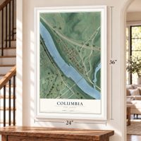 Columbia, New Jersey map, 24 x 36 inch print in a white frame by a staircase