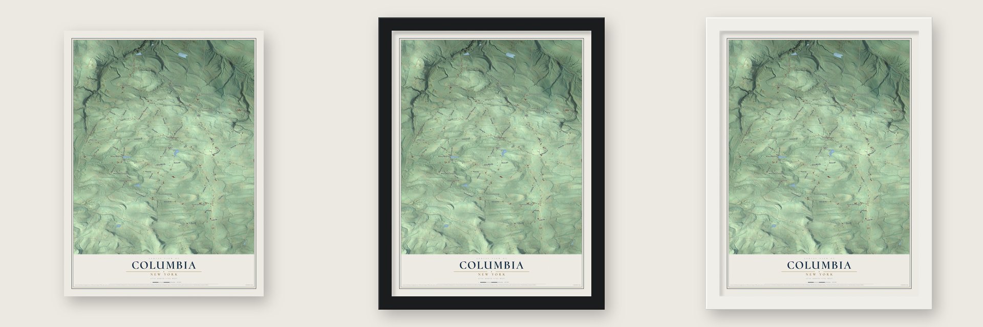 Columbia, New York map unframed, in a black wood frame and in a white wood frame