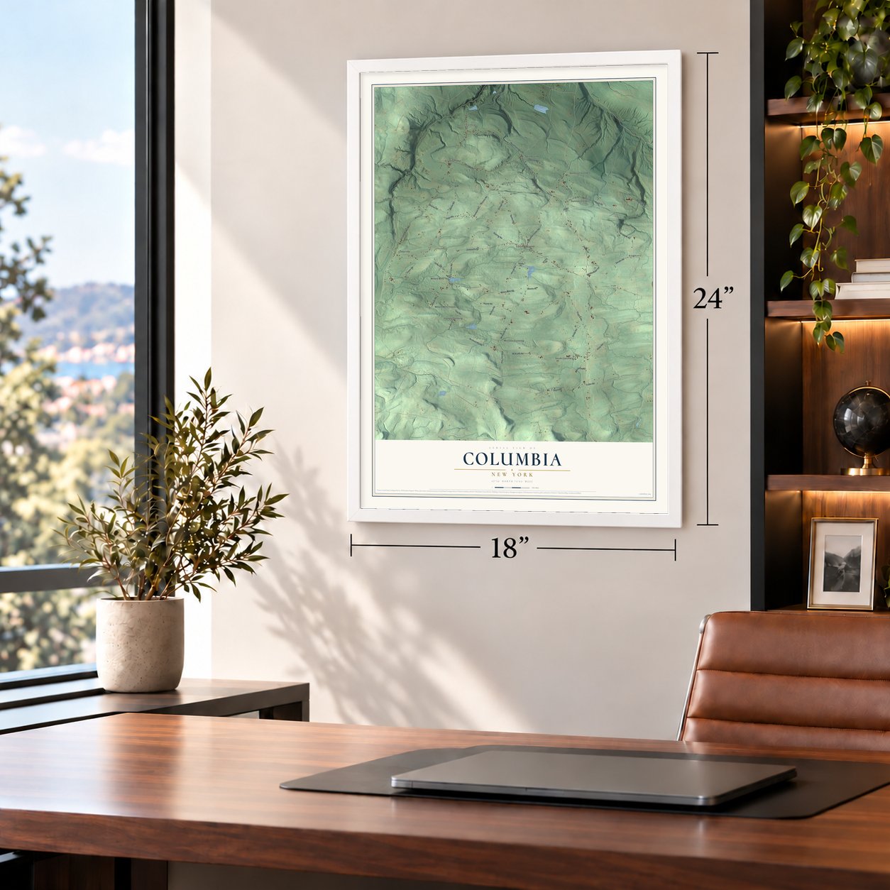 Columbia, New York map, 18 x 24 inch print in a white frame in a home office