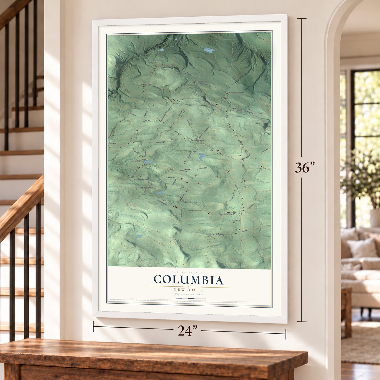Columbia, New York map, 24 x 36 inch print in a white frame by a staircase
