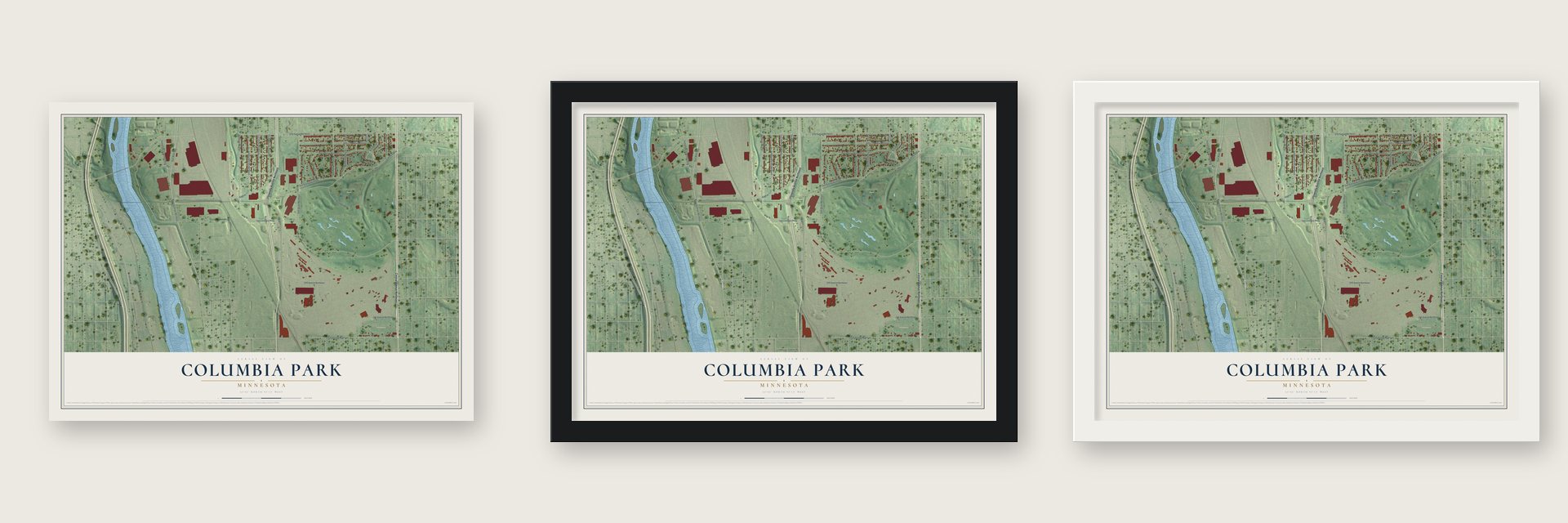 Columbia Park, Minnesota map unframed, in a black wood frame and in a white wood frame