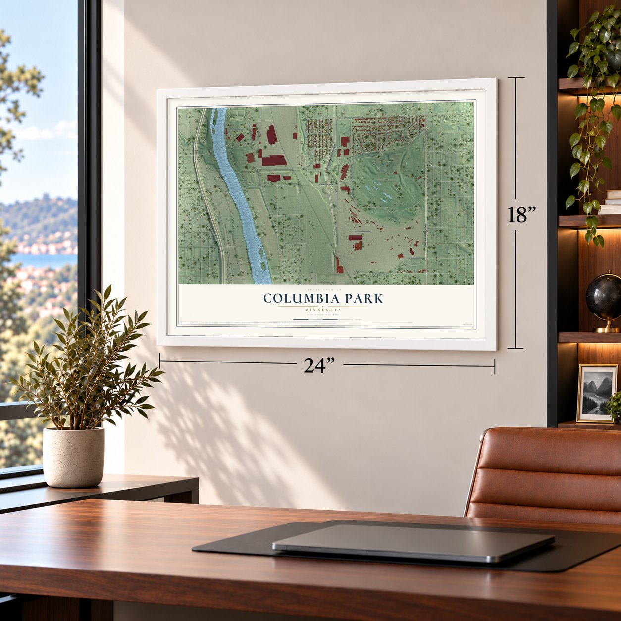 Columbia Park, Minnesota map, 18 x 24 inch print in a white frame in a home office