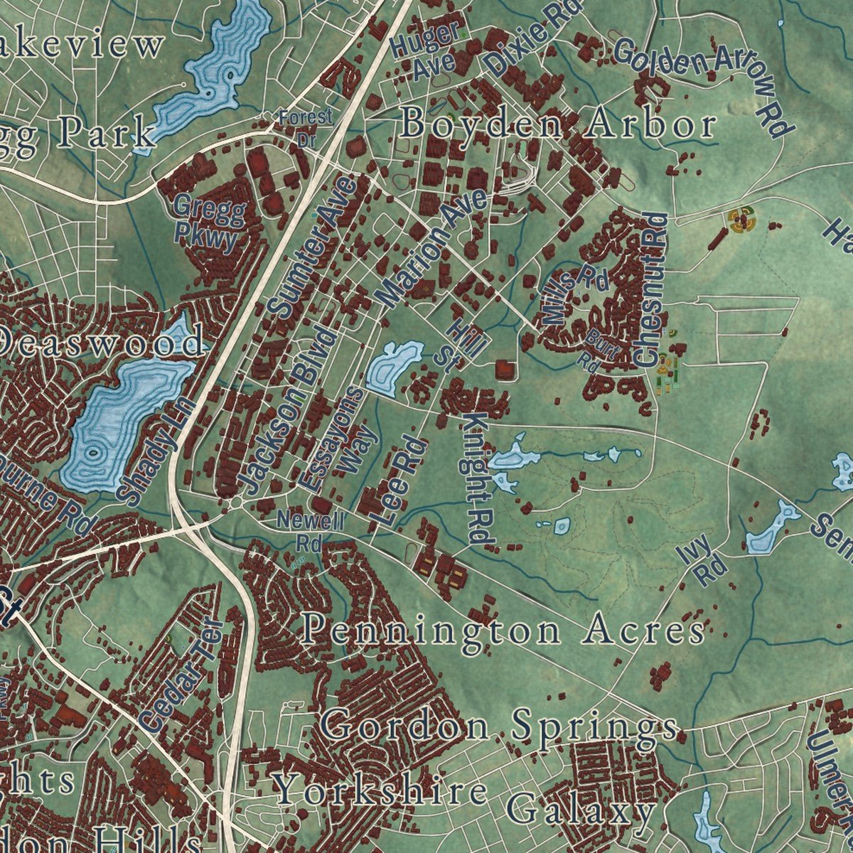 Second close-up of the map of Columbia, South Carolina print showing more streets and buildings