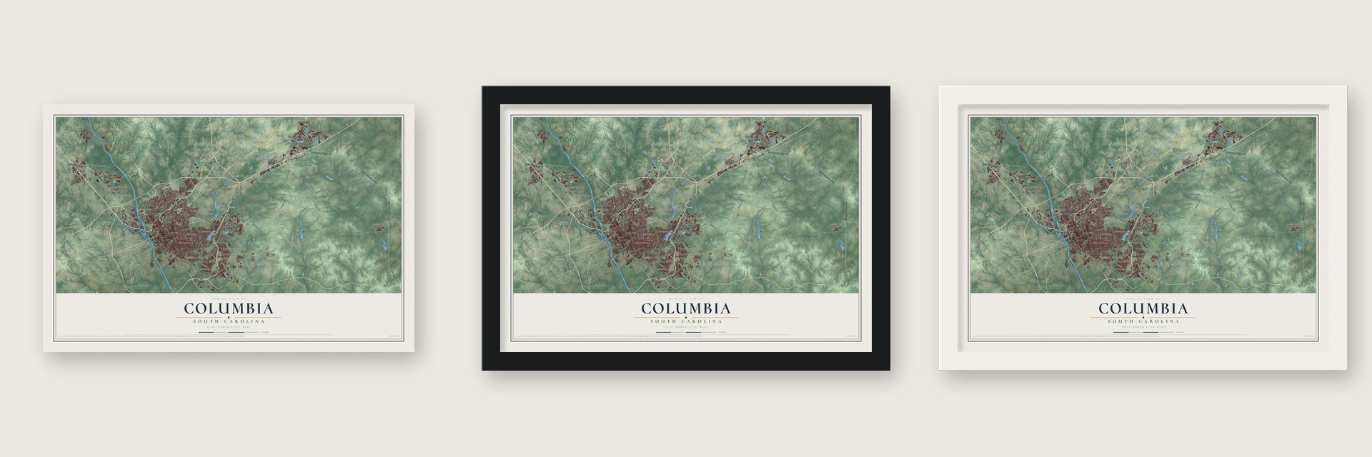 Columbia, South Carolina map unframed, in a black wood frame and in a white wood frame