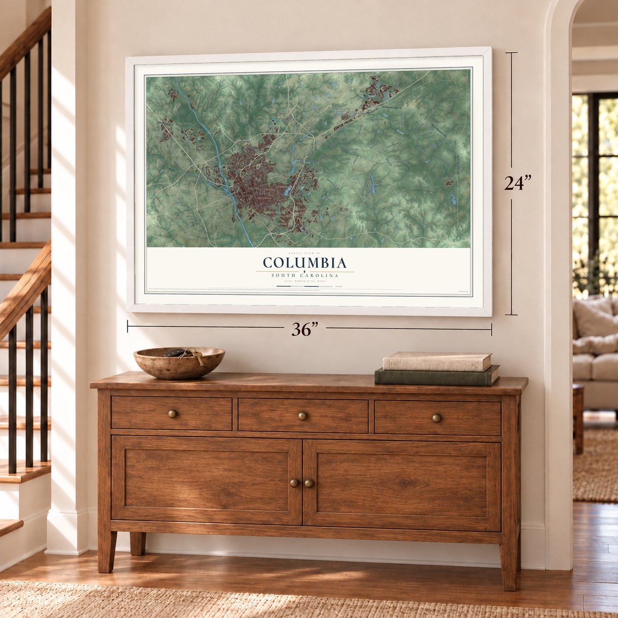 Columbia, South Carolina map, 24 x 36 inch print in a white frame above a dresser by a staircase