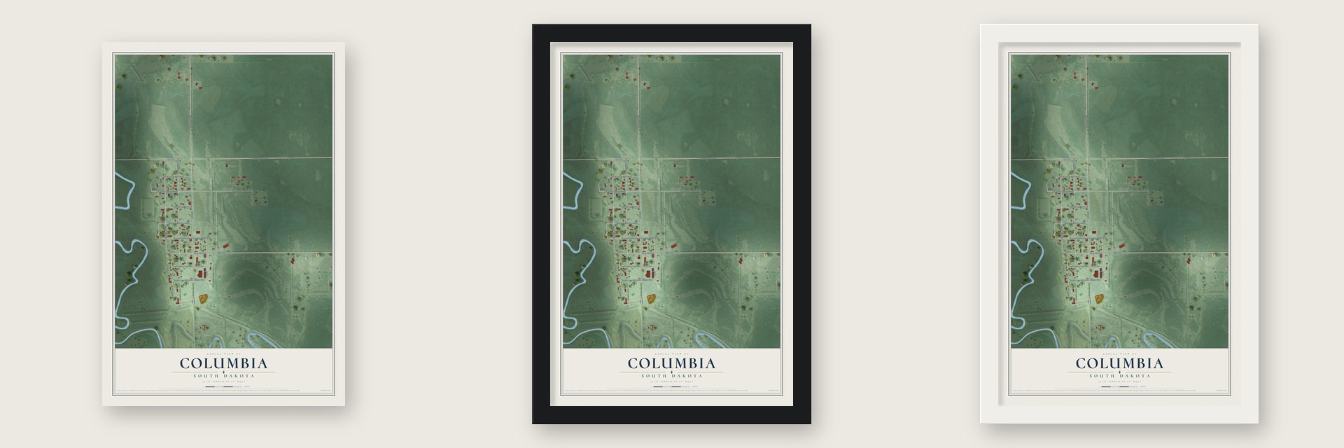 Columbia, South Dakota map unframed, in a black wood frame and in a white wood frame