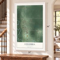 Columbia, South Dakota map, 24 x 36 inch print in a white frame by a staircase