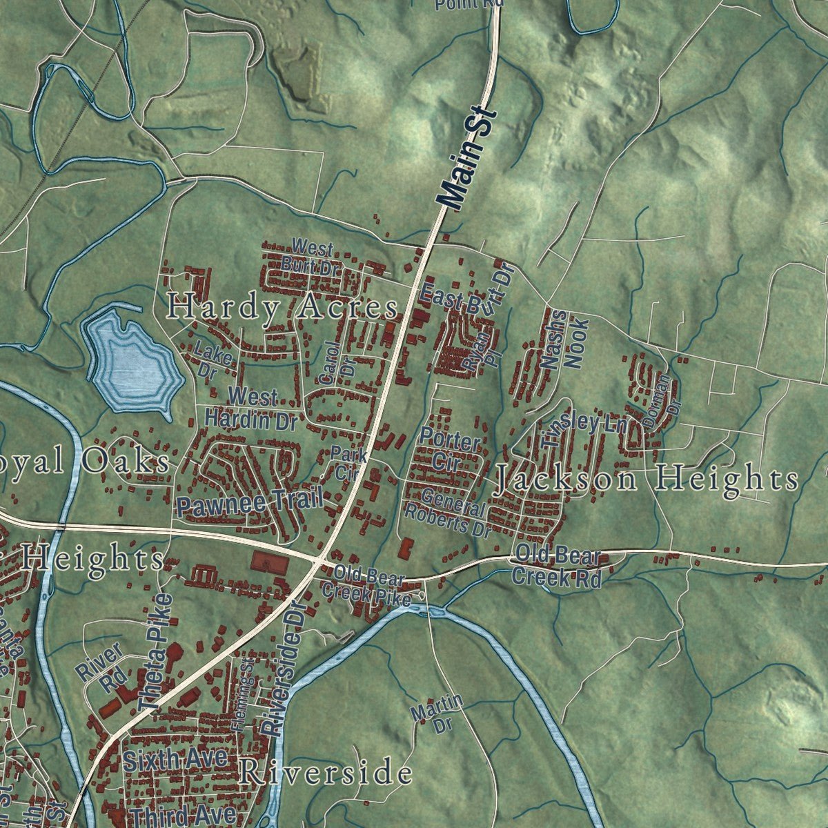 Second close-up of the map of Columbia, Tennessee print showing more streets and buildings