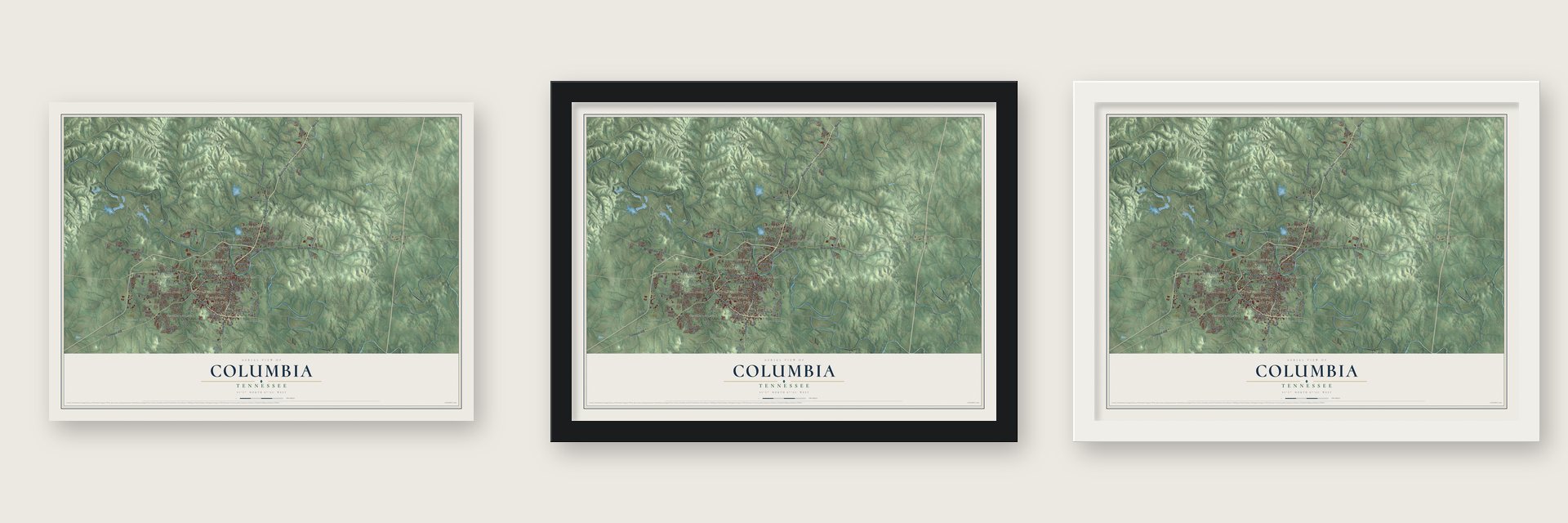 Columbia, Tennessee map unframed, in a black wood frame and in a white wood frame