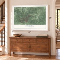 Columbia, Tennessee map, 24 x 36 inch print in a white frame above a dresser by a staircase