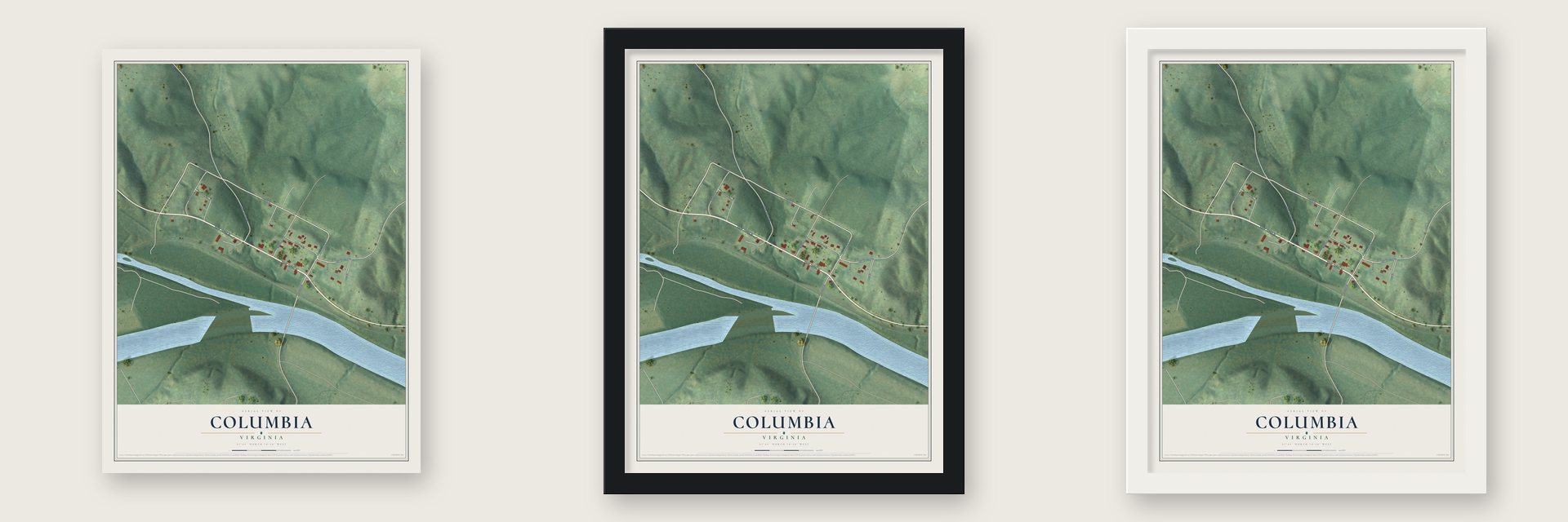 Columbia, Virginia map unframed, in a black wood frame and in a white wood frame