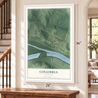 Columbia, Virginia map, 24 x 36 inch print in a white frame by a staircase