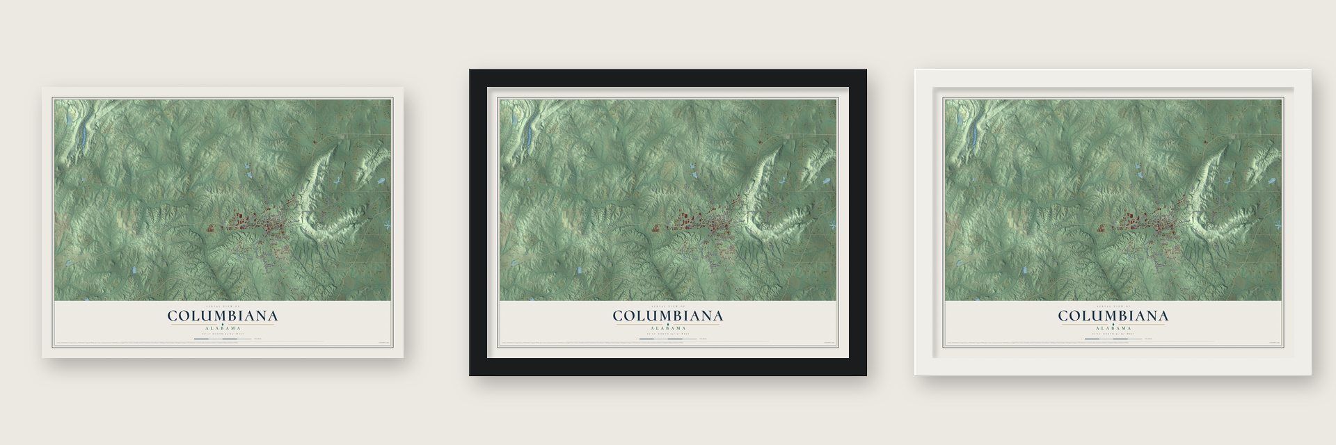 Columbiana, Alabama map unframed, in a black wood frame and in a white wood frame