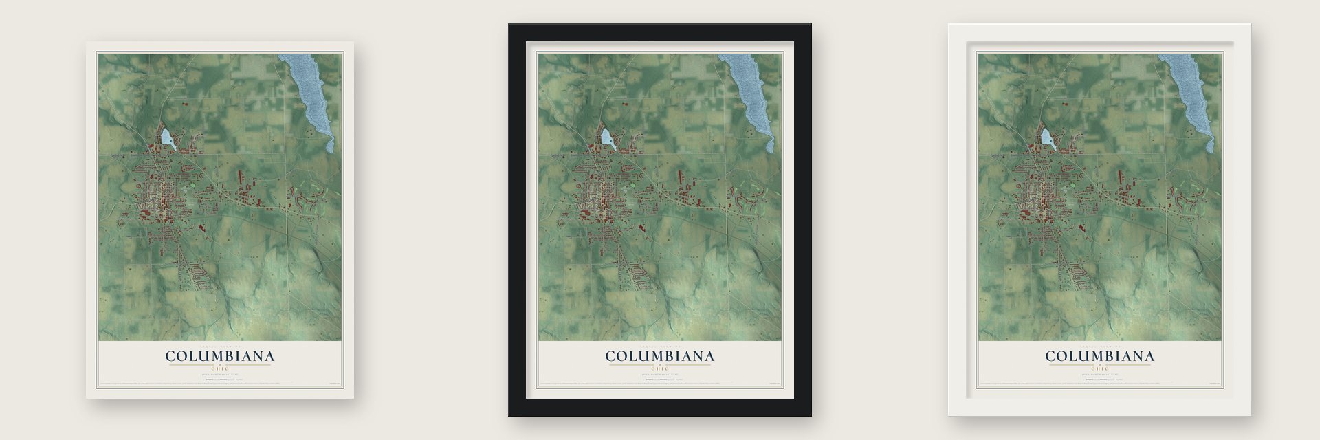 Columbiana, Ohio map unframed, in a black wood frame and in a white wood frame