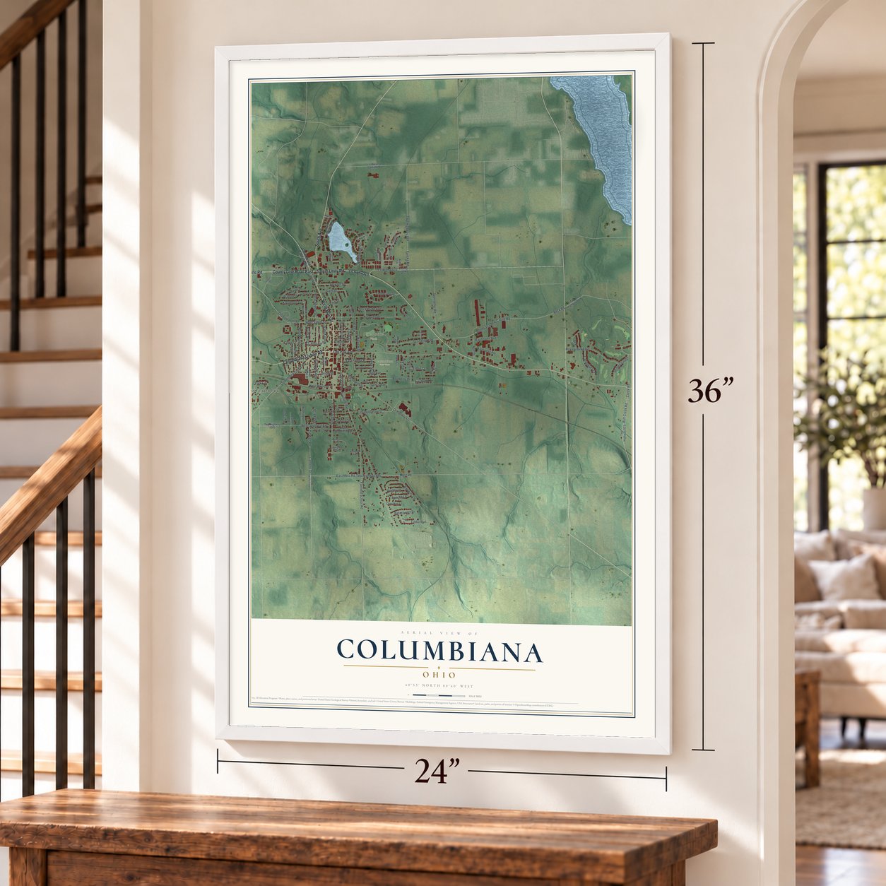 Columbiana, Ohio map, 24 x 36 inch print in a white frame by a staircase