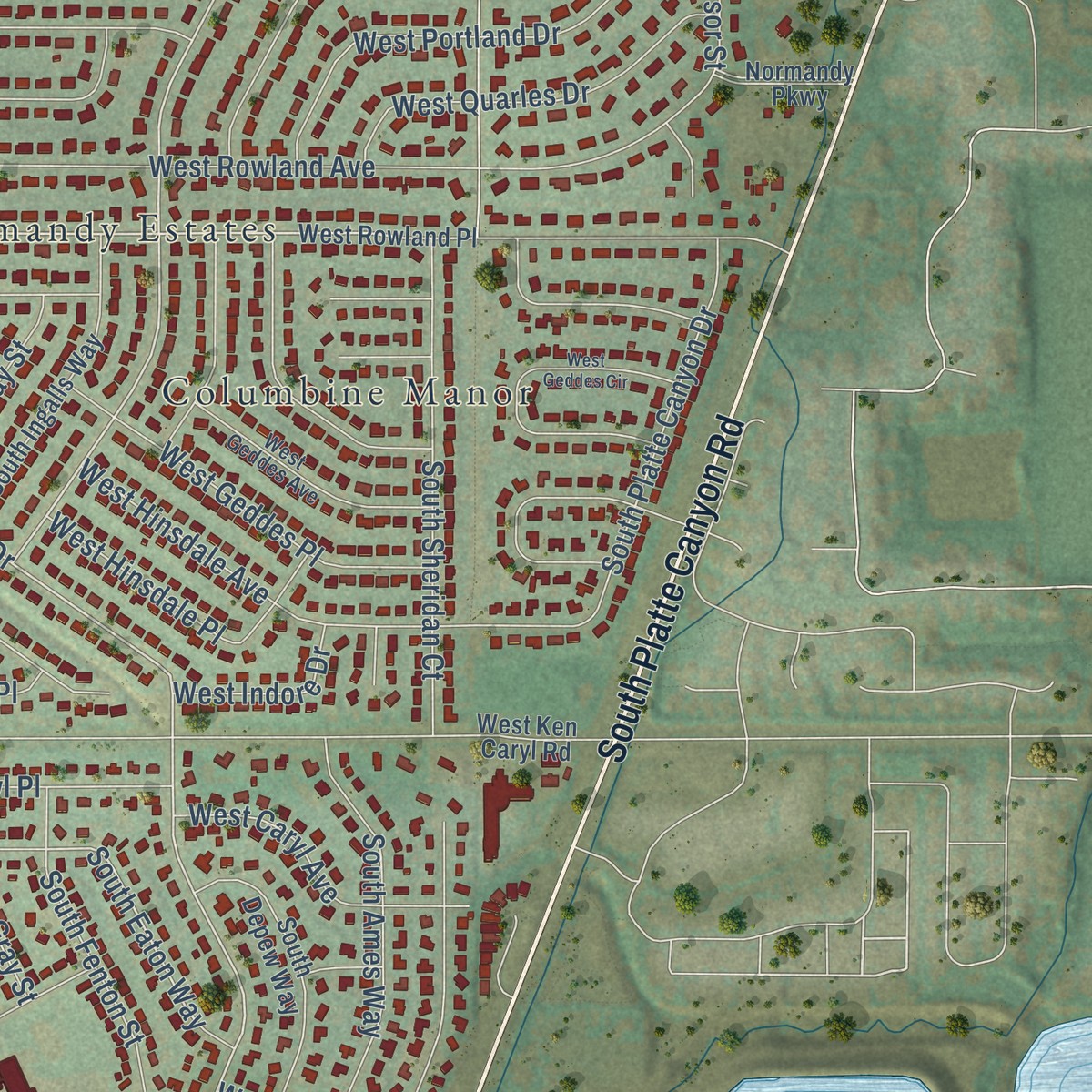 Second close-up of the map of Columbine, Colorado print showing more streets and buildings