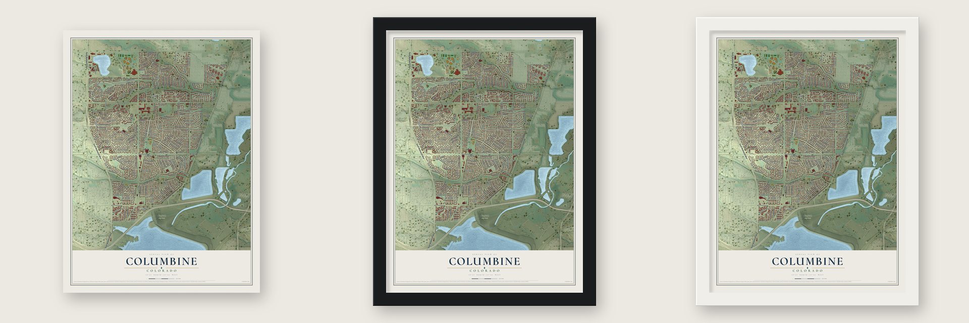 Columbine, Colorado map unframed, in a black wood frame and in a white wood frame