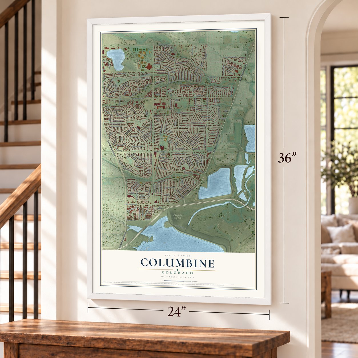 Columbine, Colorado map, 24 x 36 inch print in a white frame by a staircase
