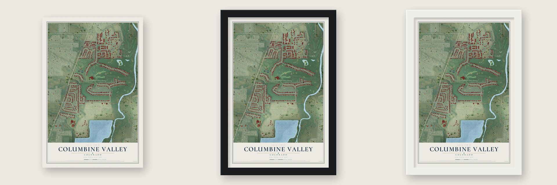 Columbine Valley, Colorado map unframed, in a black wood frame and in a white wood frame
