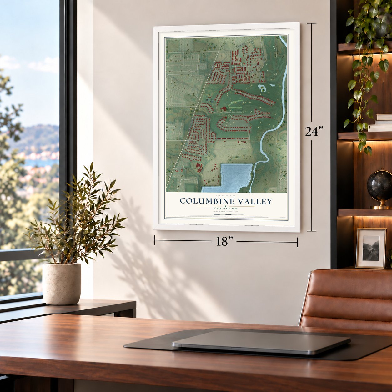 Columbine Valley, Colorado map, 18 x 24 inch print in a white frame in a home office