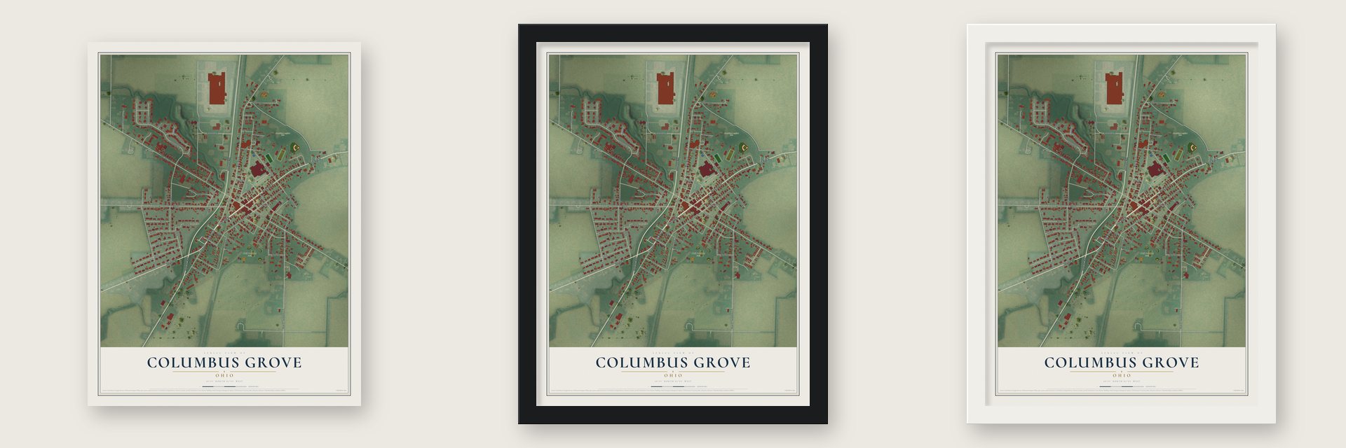 Columbus Grove, Ohio map unframed, in a black wood frame and in a white wood frame
