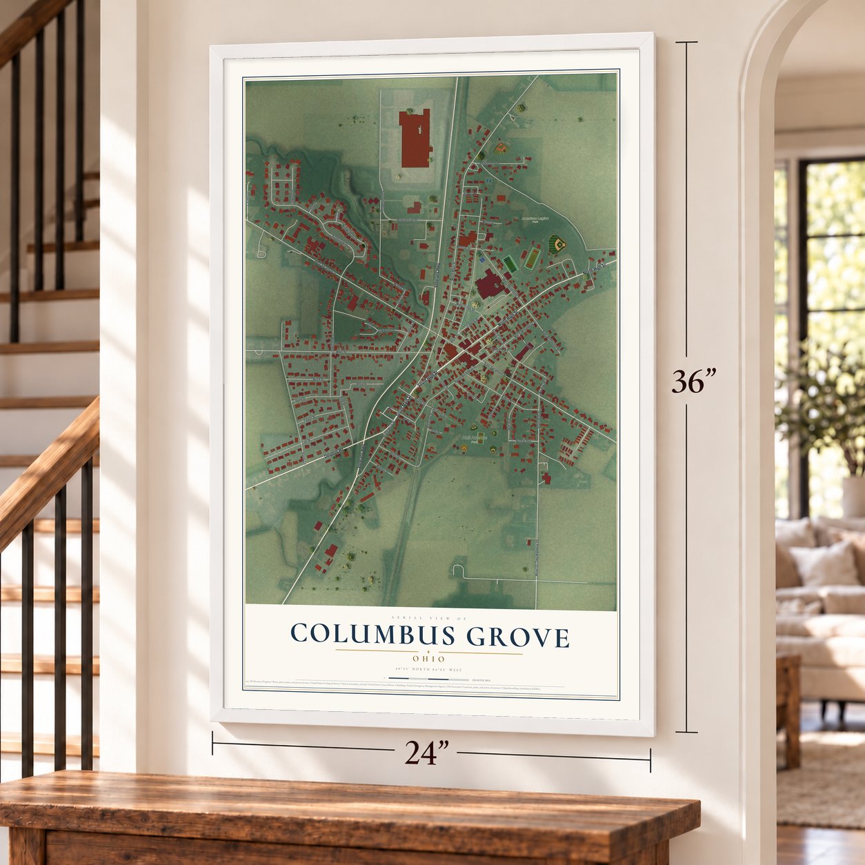 Columbus Grove, Ohio map, 24 x 36 inch print in a white frame by a staircase
