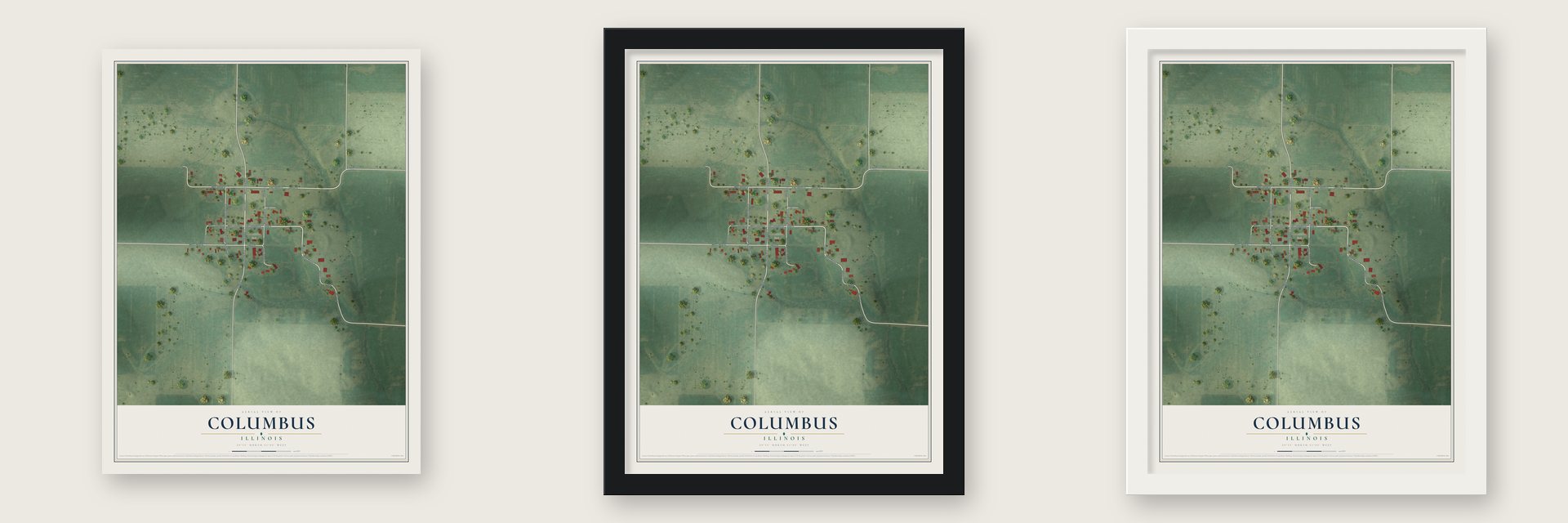 Columbus, Illinois map unframed, in a black wood frame and in a white wood frame