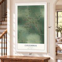 Columbus, Illinois map, 24 x 36 inch print in a white frame by a staircase