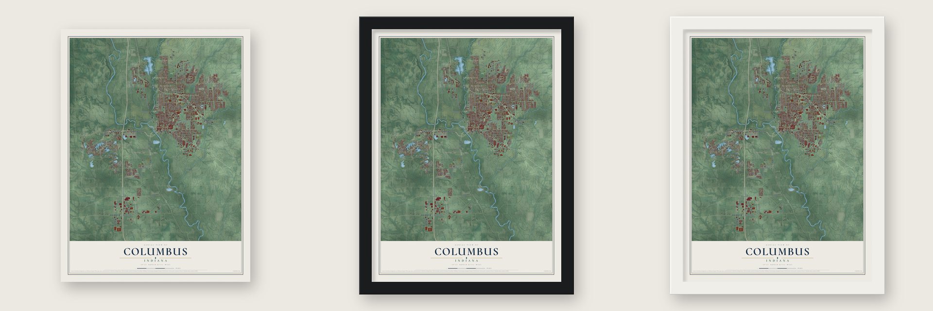 Columbus, Indiana map unframed, in a black wood frame and in a white wood frame