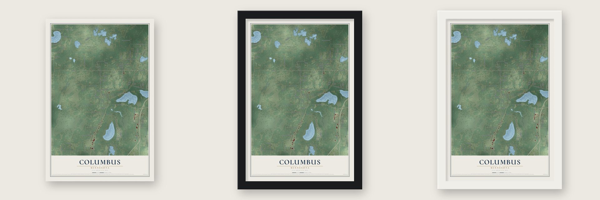Columbus, Minnesota map unframed, in a black wood frame and in a white wood frame