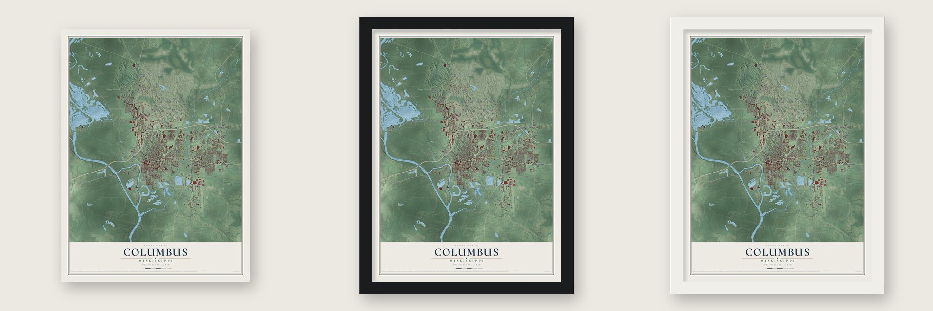 Columbus, Mississippi map unframed, in a black wood frame and in a white wood frame