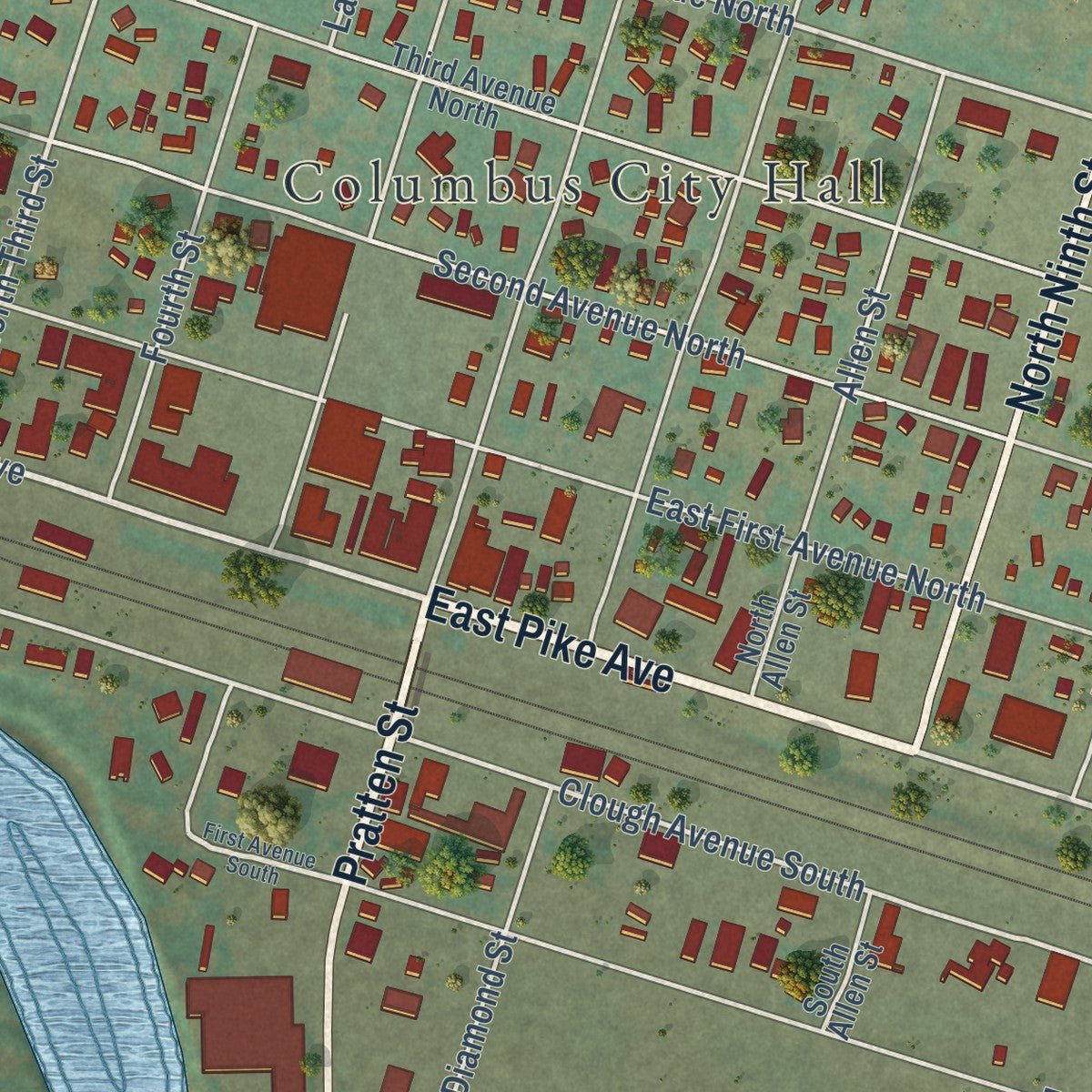 Second close-up of the map of Columbus, Montana print showing more streets and buildings