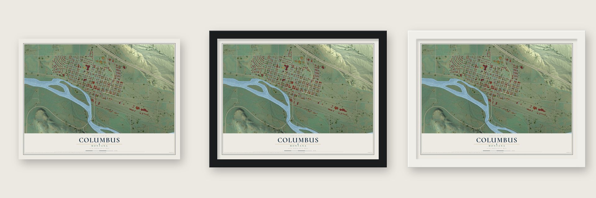 Columbus, Montana map unframed, in a black wood frame and in a white wood frame