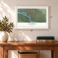 Columbus, Montana map, 12 x 18 inch print in a white frame in an entryway