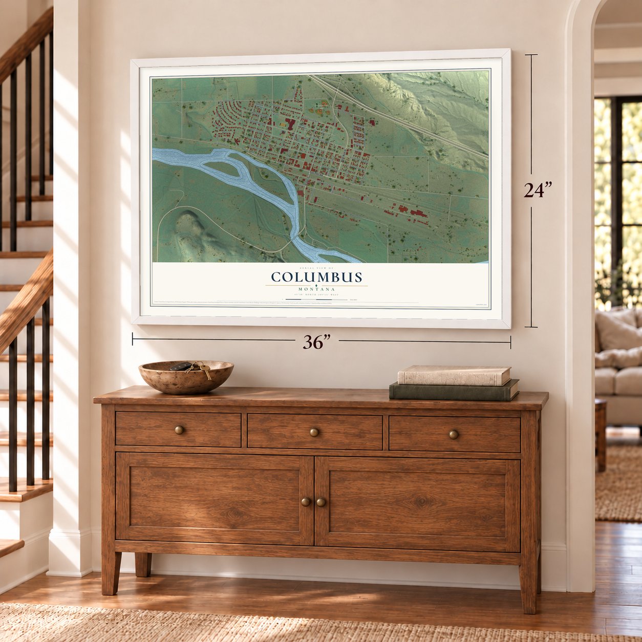 Columbus, Montana map, 24 x 36 inch print in a white frame above a dresser by a staircase