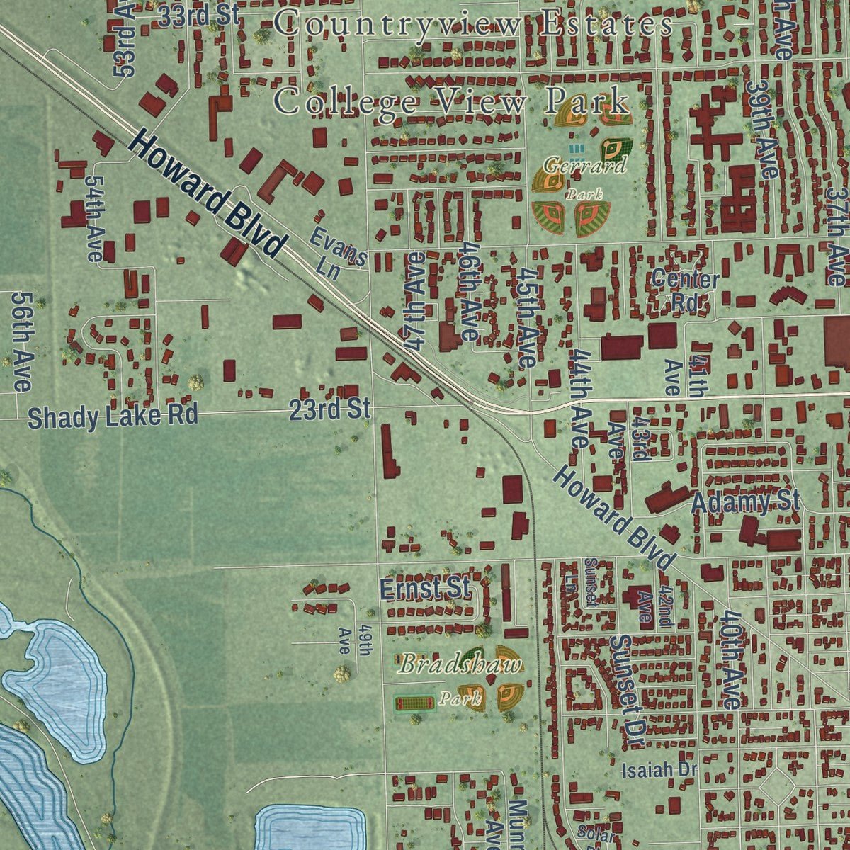 Second close-up of the map of Columbus, Nebraska print showing more streets and buildings