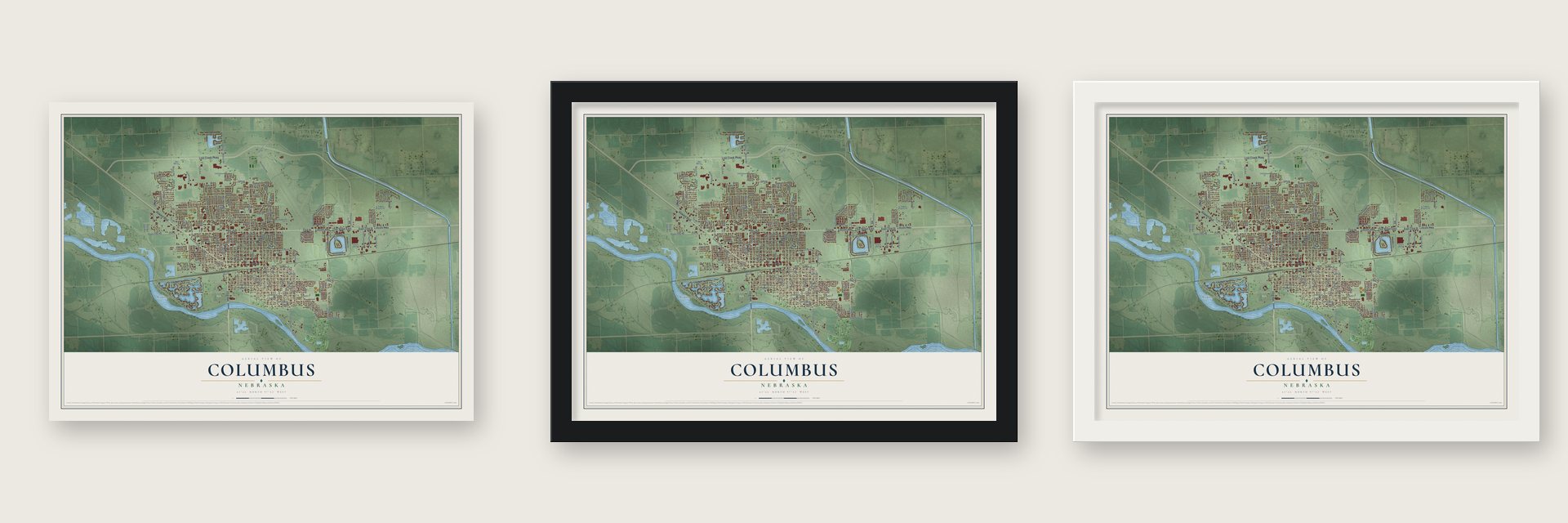 Columbus, Nebraska map unframed, in a black wood frame and in a white wood frame