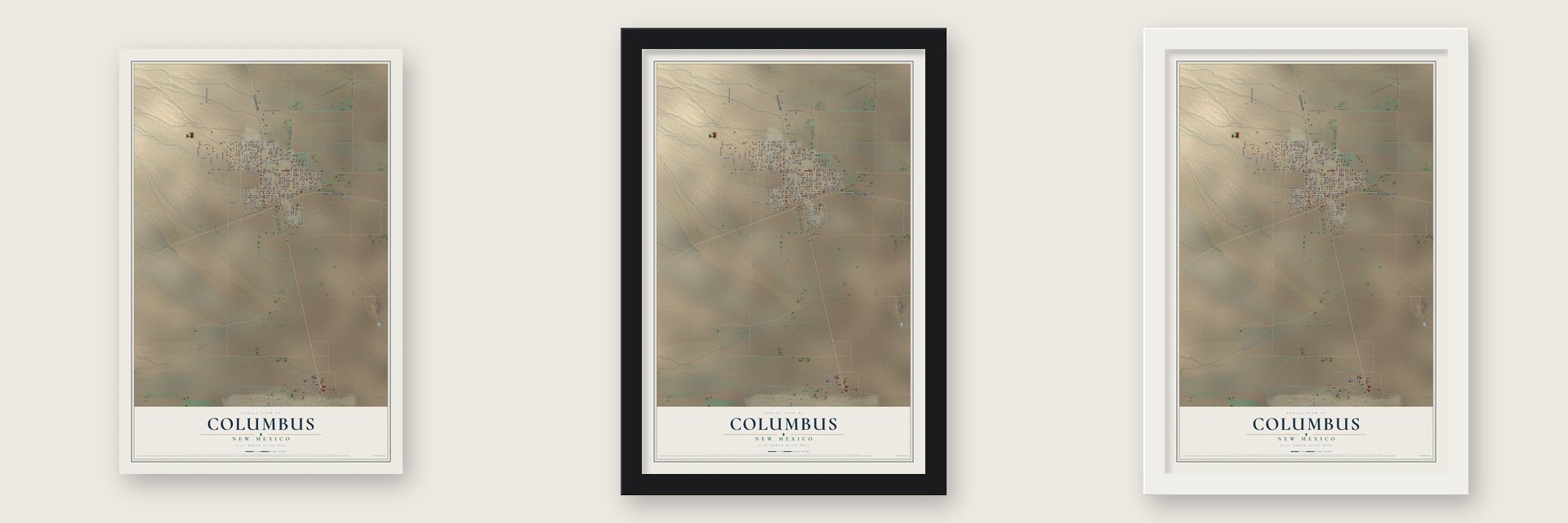 Columbus, New Mexico map unframed, in a black wood frame and in a white wood frame