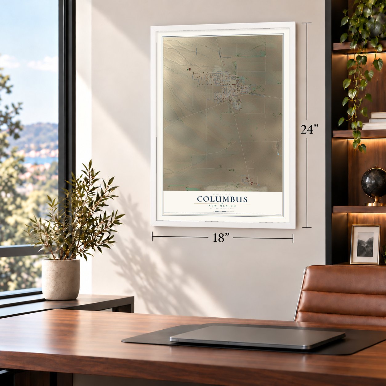 Columbus, New Mexico map, 18 x 24 inch print in a white frame in a home office