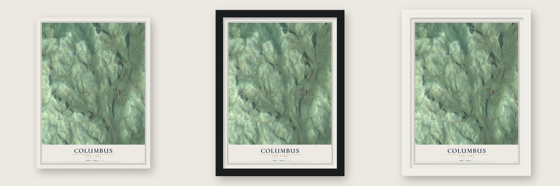 Columbus, New York map unframed, in a black wood frame and in a white wood frame