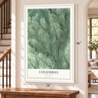Columbus, New York map, 24 x 36 inch print in a white frame by a staircase