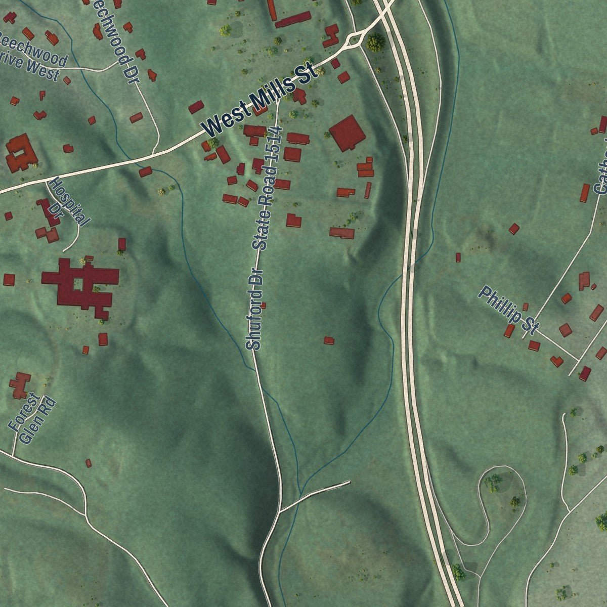 Second close-up of the map of Columbus, North Carolina print showing more streets and buildings