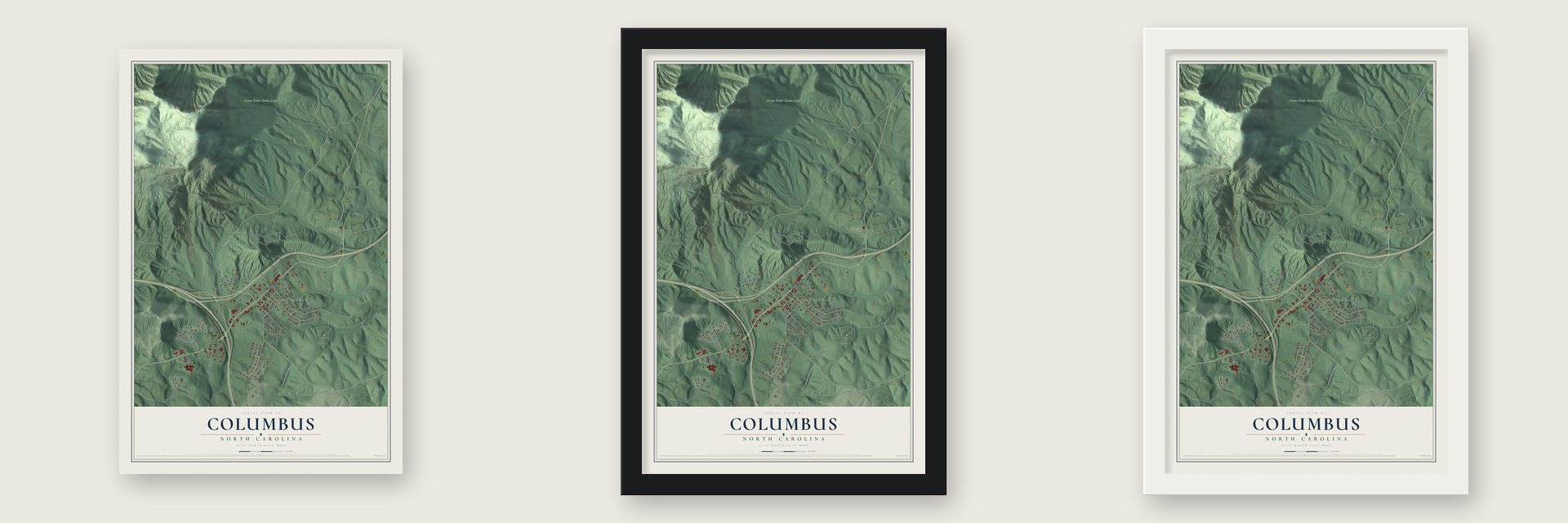 Columbus, North Carolina map unframed, in a black wood frame and in a white wood frame