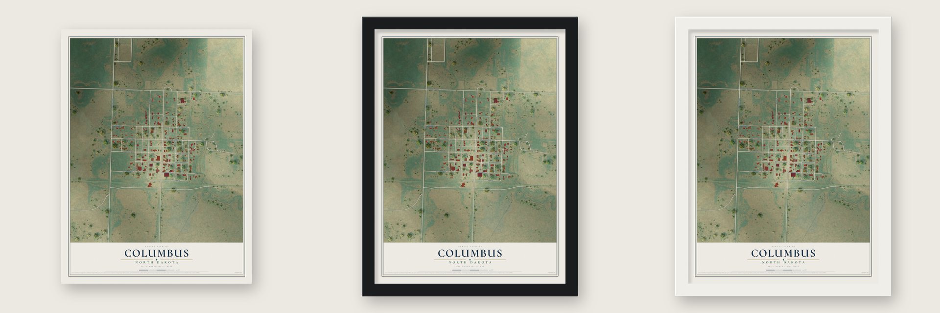 Columbus, North Dakota map unframed, in a black wood frame and in a white wood frame