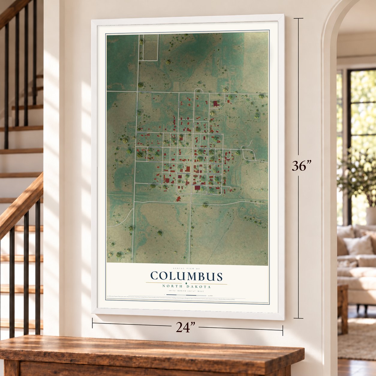 Columbus, North Dakota map, 24 x 36 inch print in a white frame by a staircase