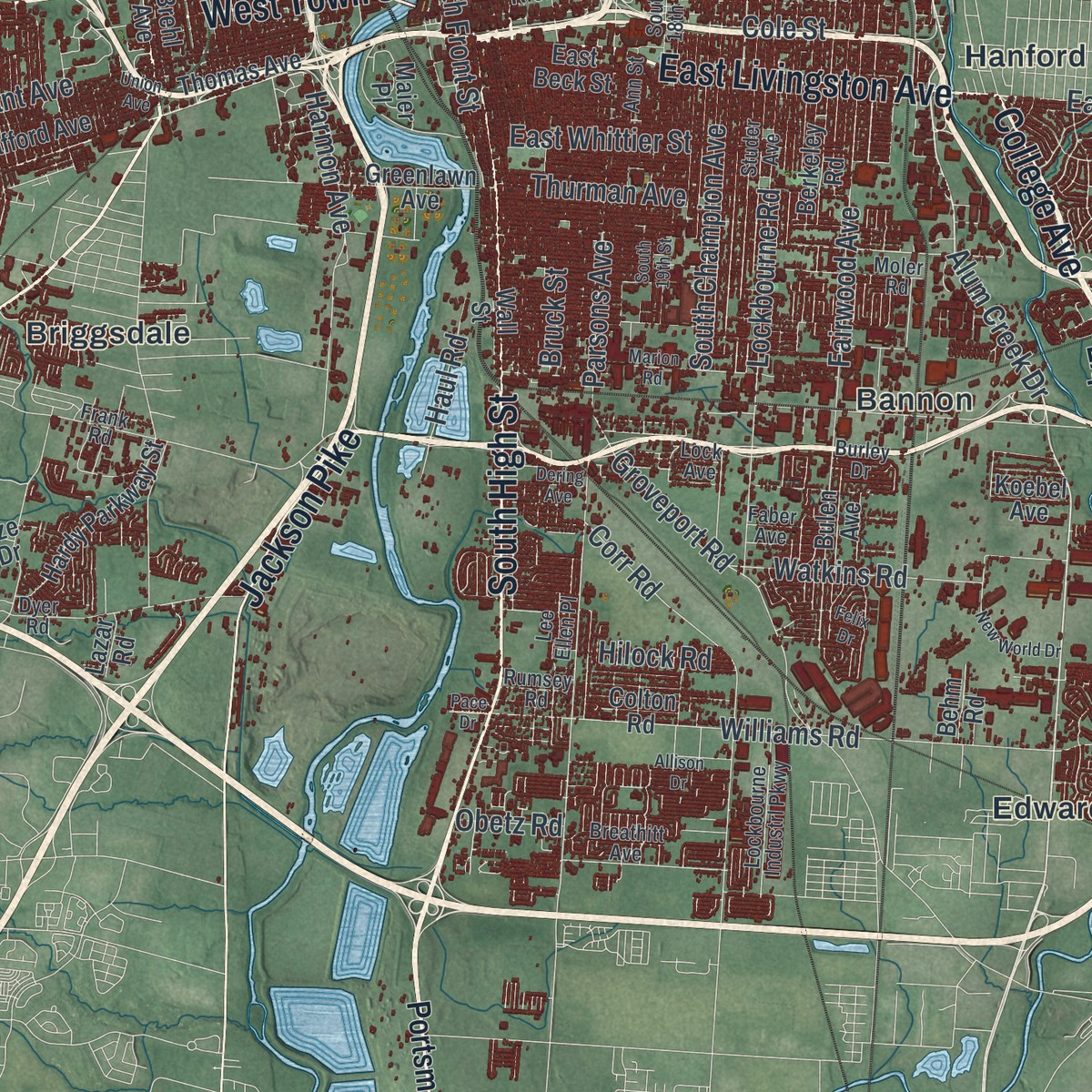 Second close-up of the map of Columbus, Ohio print showing more streets and buildings