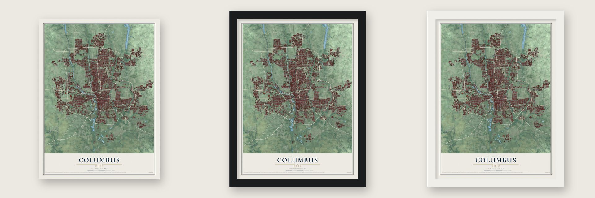 Columbus, Ohio Print map unframed, in a black wood frame and in a white wood frame