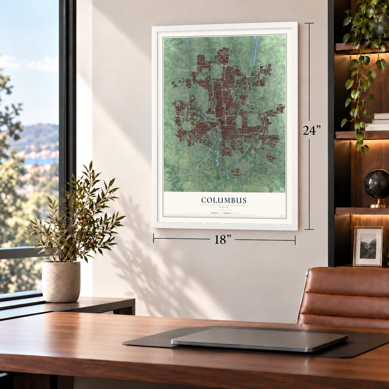 Columbus, Ohio Print map, 18 x 24 inch print in a white frame in a home office