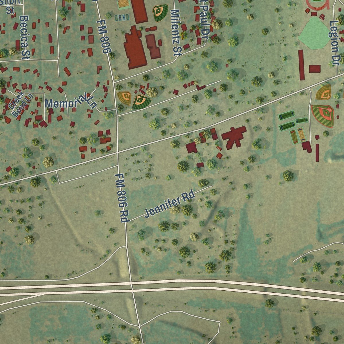 Second close-up of the map of Columbus, Texas print showing more streets and buildings
