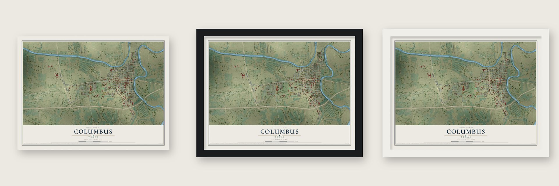 Columbus, Texas map unframed, in a black wood frame and in a white wood frame